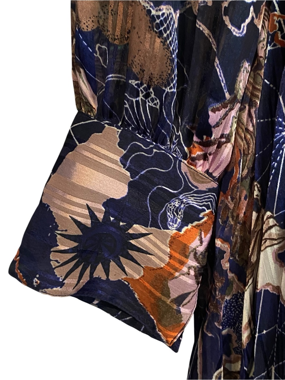 Scotch & Soda Size XL Navy Blue Map Print Pleated Midi Dress Long Sleeve EUC - Picture 6 of 13